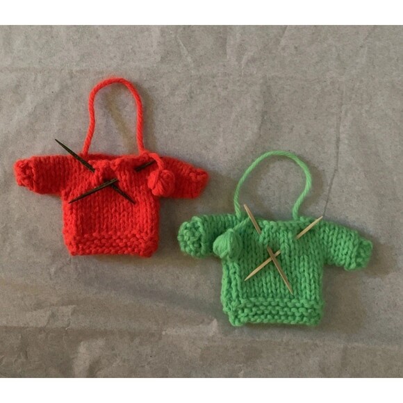 2 Vintage Hand Knit Christmas Tree Ornaments Mini Red Green Sweaters - Picture 1 of 10